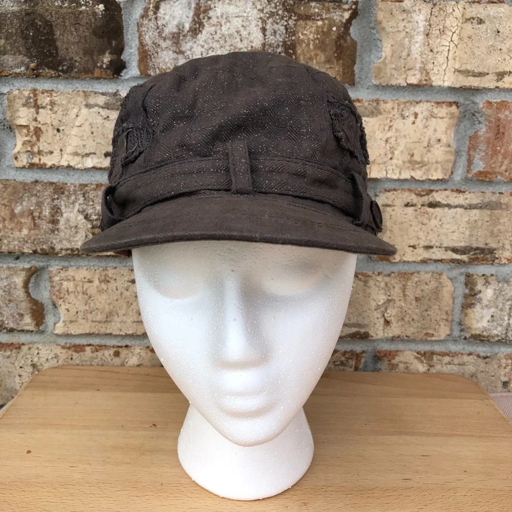 Mudd Vintage Cotton Green/Brown‎ Distressed Patches Floral Print Linen Cap OS